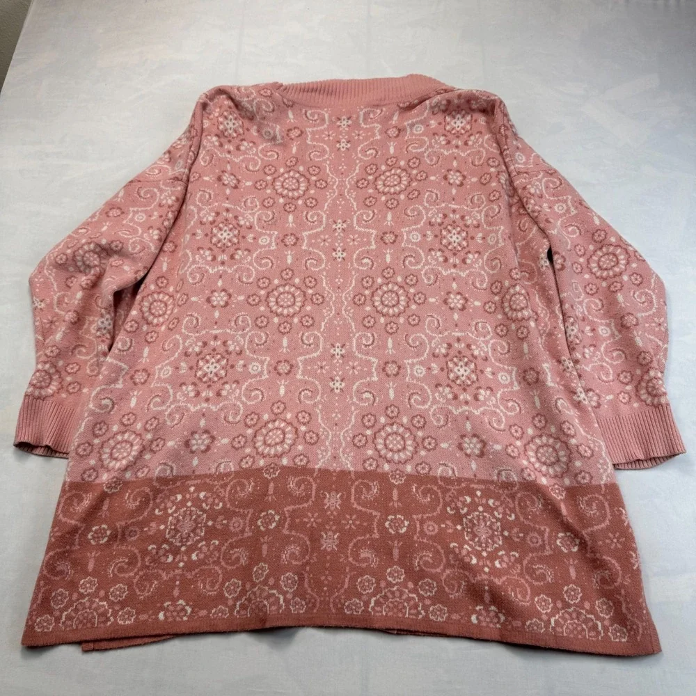 Isaac Mizrahi Live Cardigan Sweater Womens 1X Pink Jacquard Floral Open Front